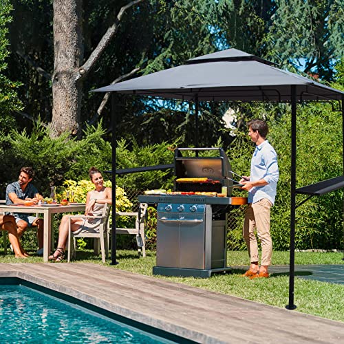 Cobana Grill Gazebo 8’By 5’Outdoor Patio Backyard Bbq Grill Shelter Double Tiered Soft Canopy Top With Steel Frame And Bar Counters, Gray #TOP1
