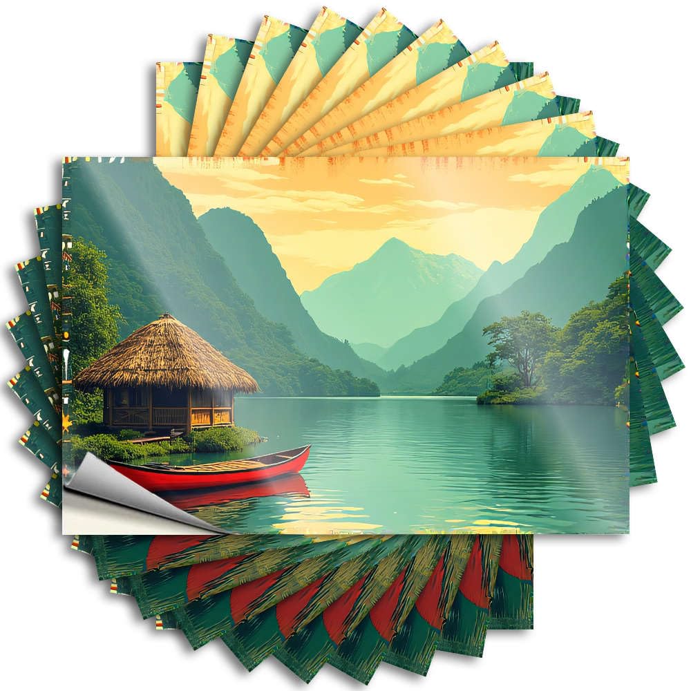 Decal Books Christmas Waterproof - A Serene Lake Surrounded By Lush Mountains with A Red Boat in The Foreground. Laptop Self Adhesive Decal for Comfort Use(12X18CM)