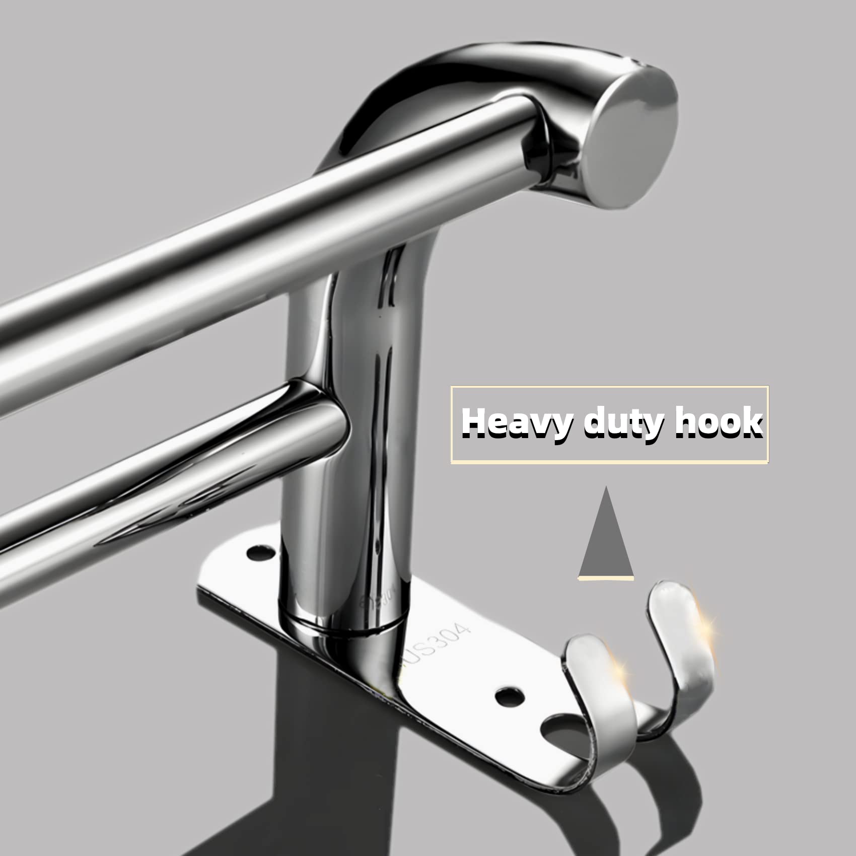 yozhch Towel Holder for Bathroom Towel Rack Wall Mounted Stainless Steel Double Towel Rail with Hooks (Silver-23In) - Image 4