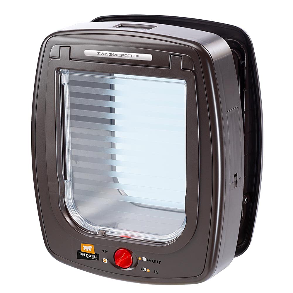 Ferplast Gatera con Microchip, Puerta para Gatos y Perros Pequeños, Collar Incluido, Entrada y Salida controlables 4 vías, Protección contra Corrientes de Aire, Swing Microchip Tamaño Mediano, Marrón