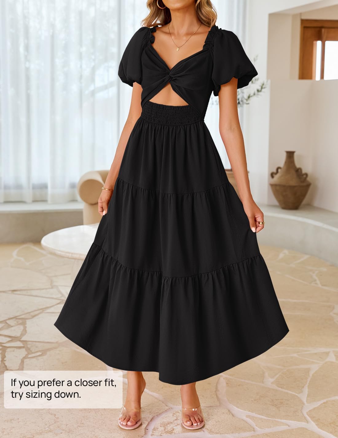 ZESICA Womens Summer Casual Flowy Vacation Maxi Dress 2026 Short Puff Sleeve A Line Smocked Cutout Beach Party Dresses - Image 2