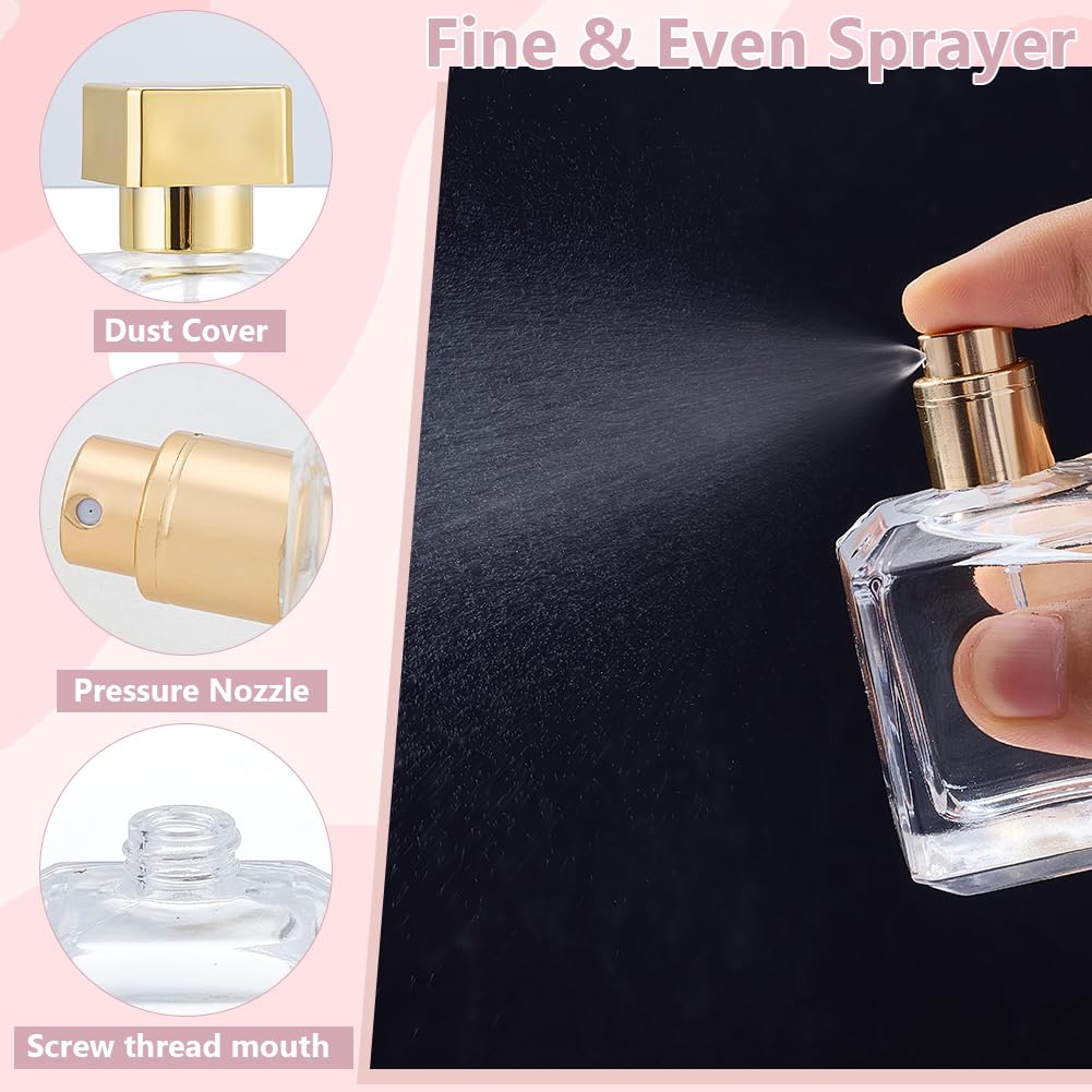 WEBEEDY Confezione da 10 flaconi spray in vetro da 50 ml, ricaricabili per profumo, da viaggio, con 15 pezzi, 3 tipi di dispenser oro trasparente, vuoto, per viaggi all'aperto, Natale