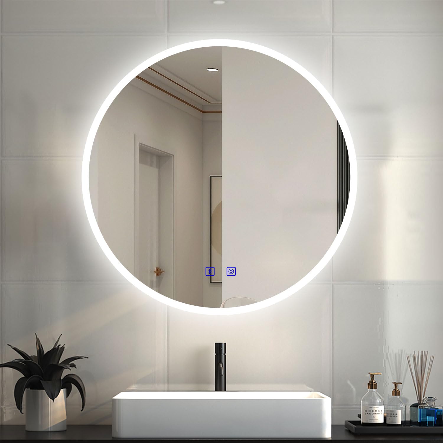 Myb Bluetooth+Dimmable 3 Colour Round Led Bathroom Mirror With Bluetooth Speaker 700Mm Dimmable Switch 3 Colors And Demister Pad Touch Control Decorative Circle Ip44