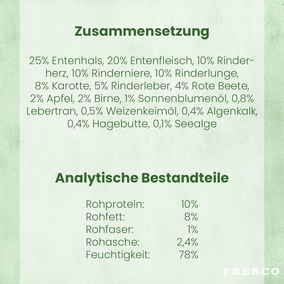 FRESCO Dog NassBarf Ente mit Rind 6 x 400g | Hundefutter Nass getreidefrei