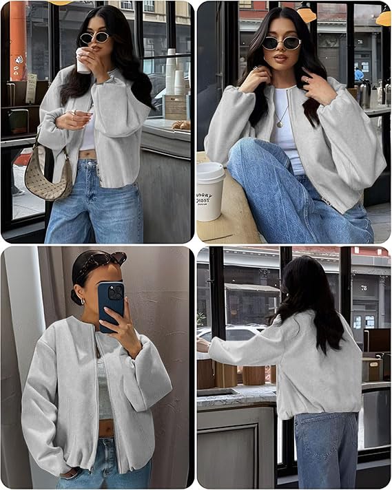 Womens Wool Blend Bomber Jackets Fall Winter Cropped Zip Up Coat Hoodless Outwear with Pockets3