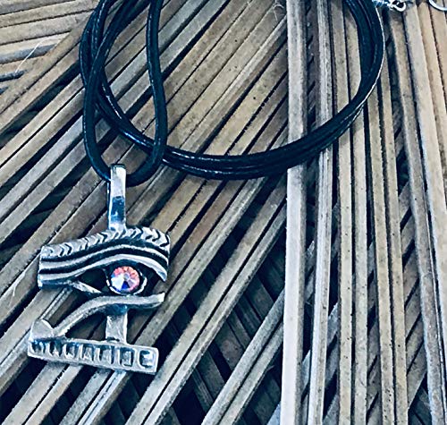 Pewter Eye Of Horus Ra Egyptian Pendant On Leather W/Swarovski Crystal Aurora Borealis April Birthday #TOP4