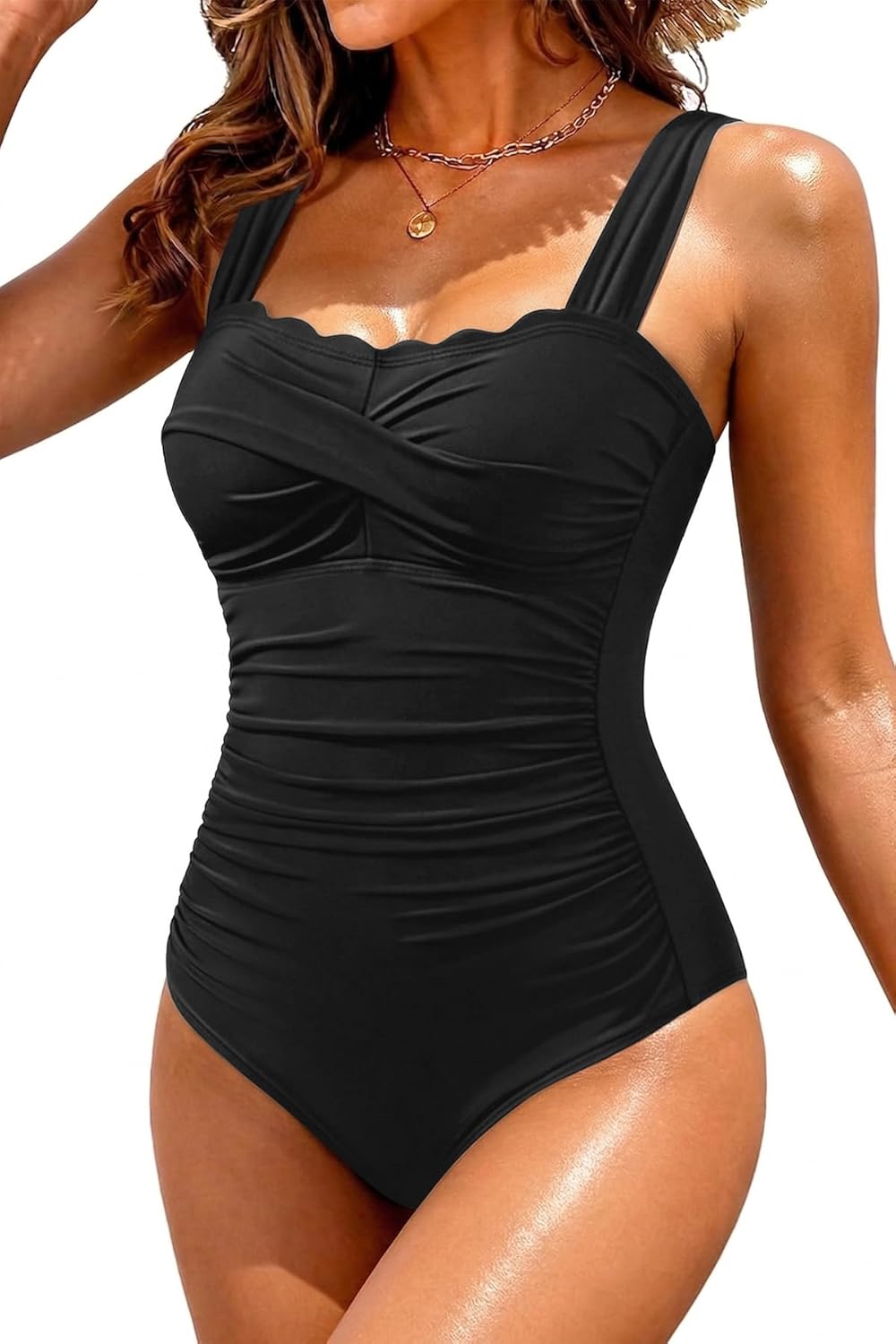 Tummy Control One Piece Swimsuits - Scalloped Vintage Bathing Suits for Women Square Neck Ruched Slimming 2026