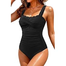 Tummy Control One Piece Swimsuits - Scalloped Vintage Bathing Suits for Women Square Neck Ruched Slimming 2026