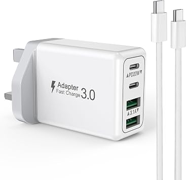 USB C Plug UK, Suiwel 4-Port Fast Charger Plug with 2M USB C Cable, iPhone Charger Fast Charge for iPhone 16 15 Pro Max Plus, Samsung, Multiport Charging Plug USBC Power Adapter