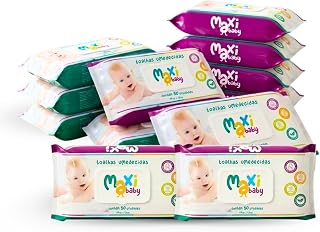 Kit com 12 Toalhas Lenços Umedecidos Hipoalergênico 50un Cada Maxi Baby