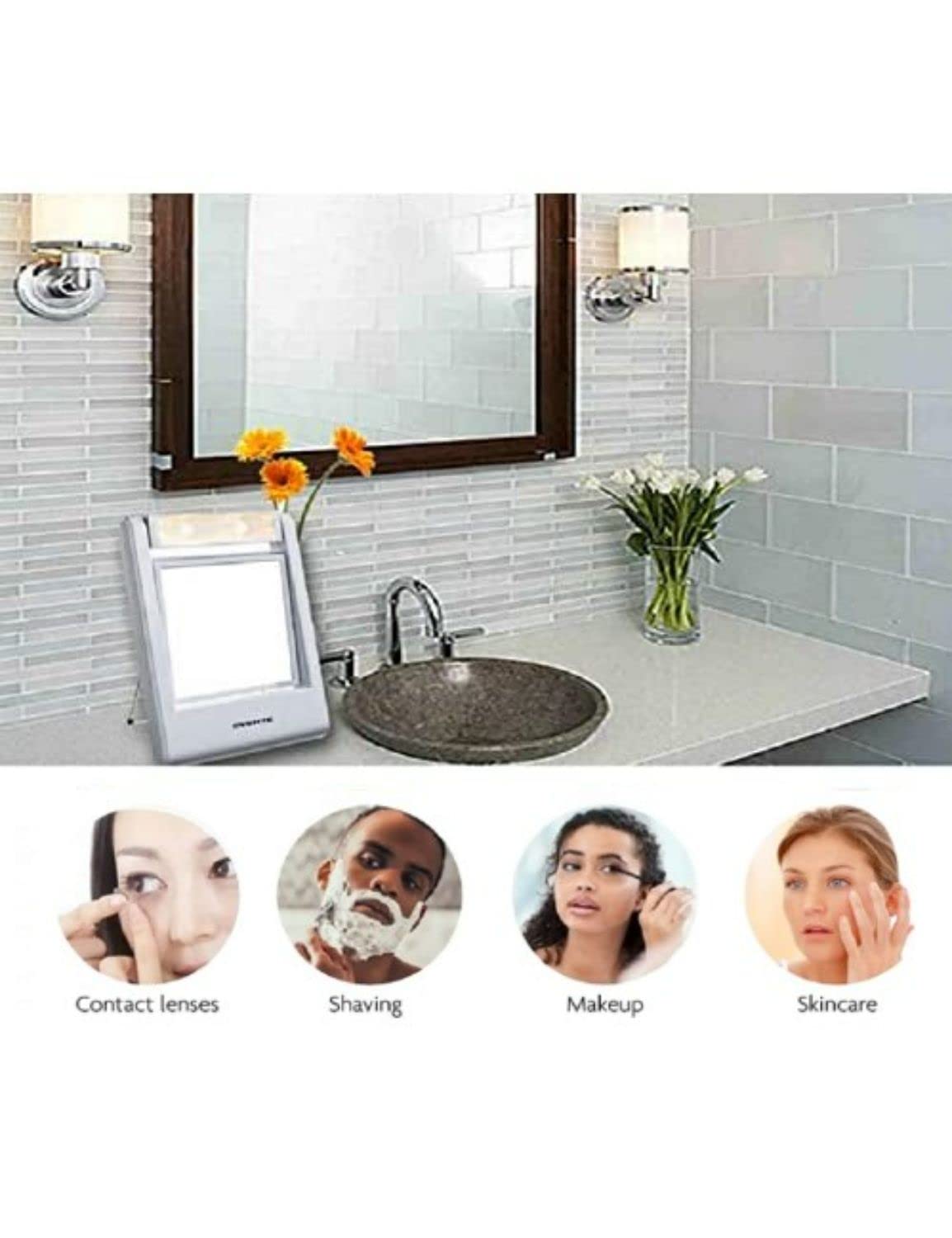 Ovente Square Makeup Mirror 5.5 Inch 1X 5X Magnification Glass LED Lighted 360 Degree Hand Held Double Sided Spinning Battery Operated Personal Compact Beauty Shaving Stand Plastic Travel White MLT22W