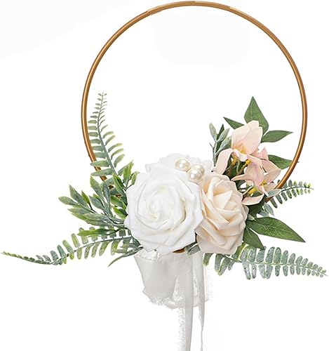 Corona de aro floral de boda para damas de honor, guirnalda de mano de metal artificial para dama de honor con guirnalda de rosas y eucaliptos,