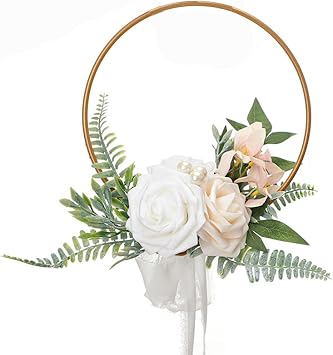 Wedding Floral Hoop Wreath for Bridesmaids,Artificial Metal Bridesmaid Handheld Garland with Rose and Eucalyptus Garland Metal Ring Wreath for Bridal Shower,Ceremony Anniversary (White)
