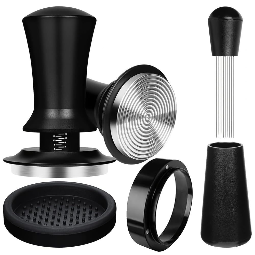 Vjsujehgy Coffee Distribution Stirrer Tool with Dosing Funnel WDT Spring Loaded Tamper Set Matte for Espresso Coffee Mat 51mm
