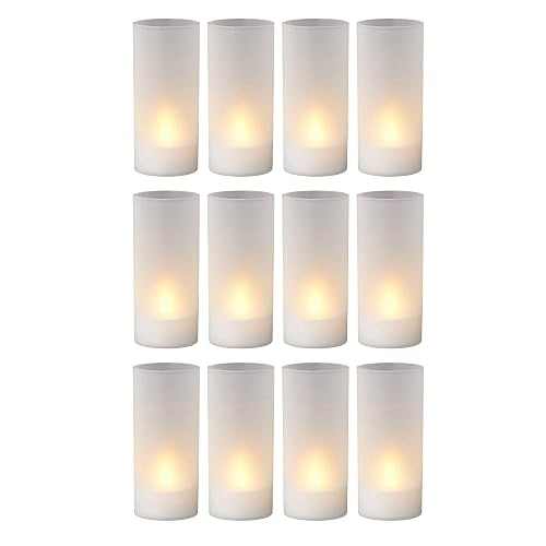 12er Set LED Windlicht inkl. Batterie weiß Deko Kerze Timer Garten Gastronomie Flammenflackern Teelichter (12 x LED Windlicht) - Weiß 12x
