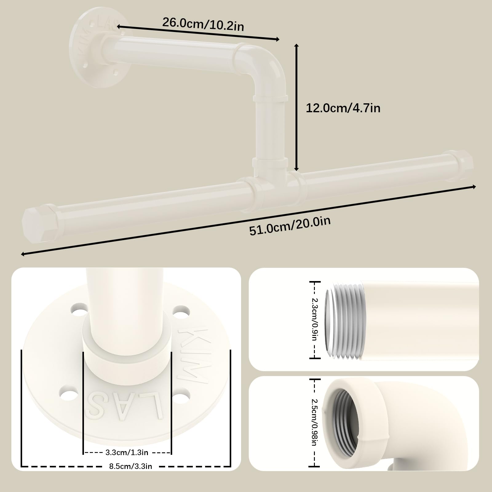 Yawinhe 51cm Appendiabiti per Tubo Industriale, Barra Attaccapanni Appesa a Parete Retrò, Rimovibile Appendino, per Spazio Stretto, Bianco, 1 Pack