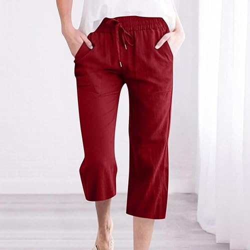 Miniatura 2 de SMIDOW Pantalones capri para mujer, estilo casual 2025, con cordón elástico, cintura alta, pantalones de lino rectos, pierna ancha, pantalones