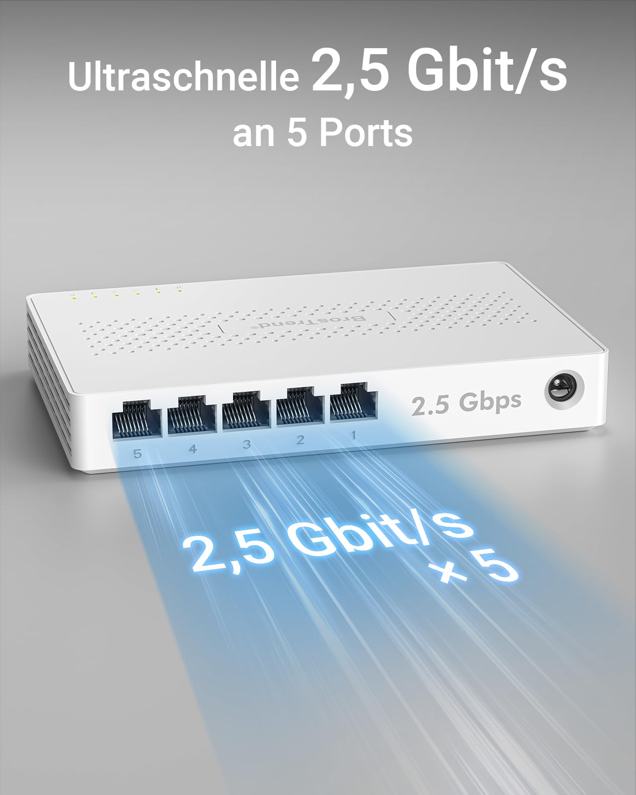 BrosTrend 5-Ports 2.5G LAN Switch, 2.5 Gbit/s Unmanaged Ethernet Netzwerk Switch für Gaming-PC NAS Server, Gigabit Switch LAN Splitter (Plug-and-Play, Lüfterlos, Desktop/Wandmontage, Lifetime-Schutz)