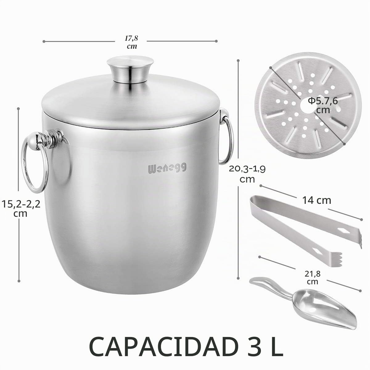 Cubo de Hielo Aislado de Acero Inoxidable de 3 litros con Tapa, Cuchara, Pinzas y colador, Mantiene el Hielo congelado para cócteles y Fiestas