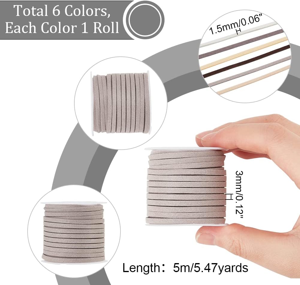 PH PandaHall 6 Rolls 5.5 Yard/Roll 3mm Flat Micro Fiber Faux Leather Suede Cords Lace Velvet Beading String for Bracelet Necklace Jewelry Making, 6 Colors