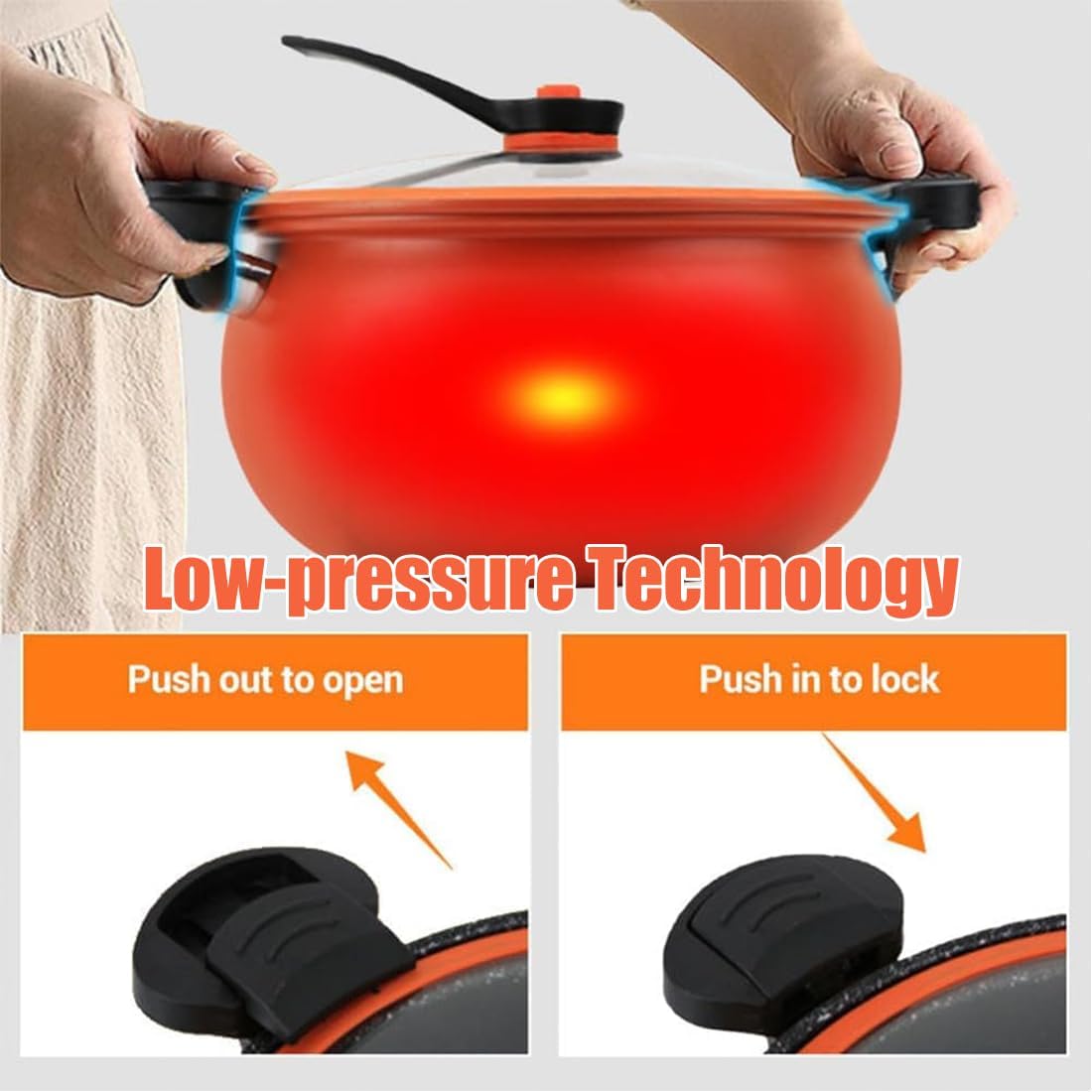 Multifunctional Large Capacity Non-stick Pressure Cooker, 8 Qt Mlicro Pressure Cooker Pot, Glass Cover & Anti-Scalding Handle, Heavy-Duty Stew Pot for Gas Stovetop and Induction Cookers (orange)