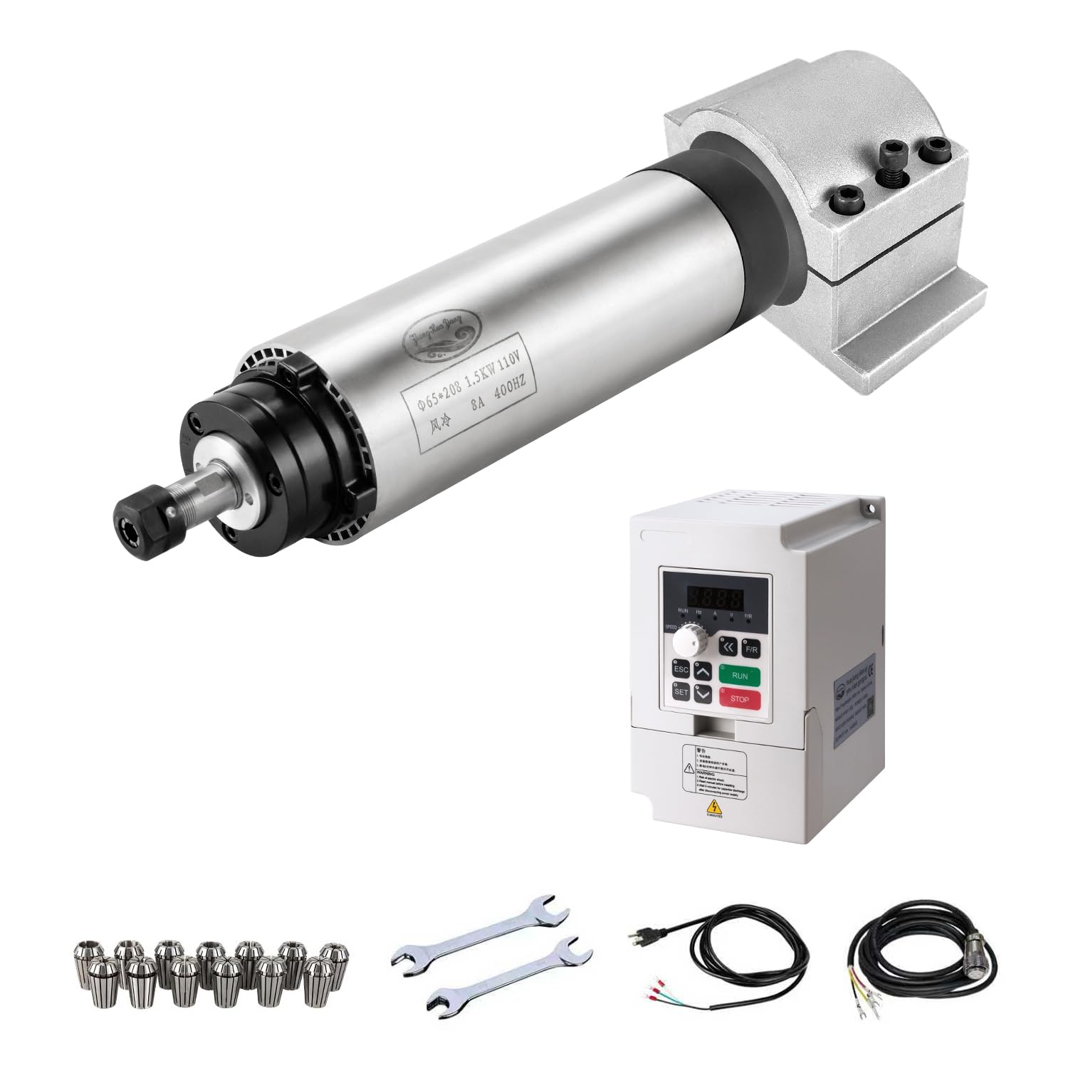 Photo 1 of CNC Spindle Motor Kits, 110V 1.5KW Air Cooled Spindle CNC Spindle +110V 1.5KW VFD+?65mm Clamp Mount +Collet Set ER11+ Wires+ Wrenches for CNC Router Machine