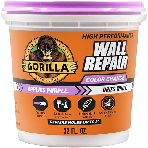 Gorilla High Performance Wall Repair Color Change, 32 Ounce Tub, Applies Purple, Dries White – Spackling & Primer in One, Shrink & Crack Resistant