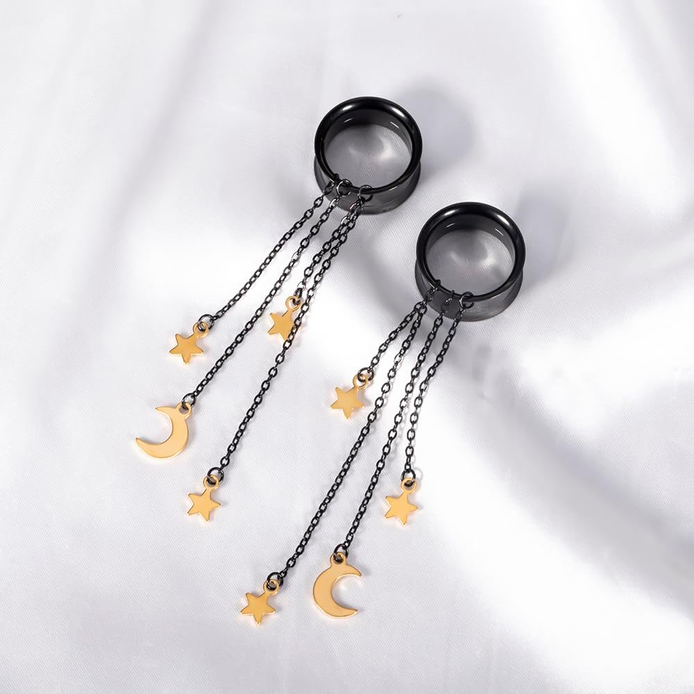 2PCS Ear Gauges Elegant Moon and Star 316L Hypoallergenic Stainless Steel Dangle Ear Plugs Tunnels Gauges Stretcher Pair Selling 2g 0g Piercing Body Jewelry
