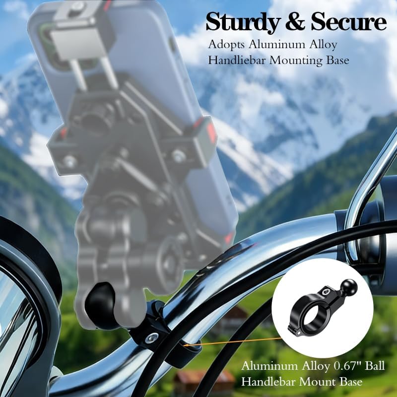 Aluminum Handlebar Base Mount with 17mm Ball Head Adapter for Round Rail Diameter 0.5"/0.67"/0.87"/1"/1.26", Compatible with RAM Mounts 17mm/0.67" Socket Arms