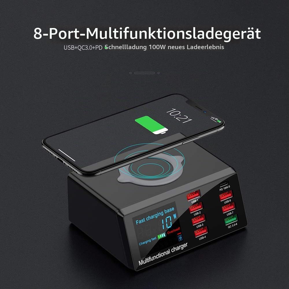 Irfora USB-Ladegerät,X9 8 Port Wireless USB Ladegerät Schnellladung PD + QC3.0 + USB Port Ladestation mit LED-Anzeige für Telefon/Laptop/Tablet EU-Stecker