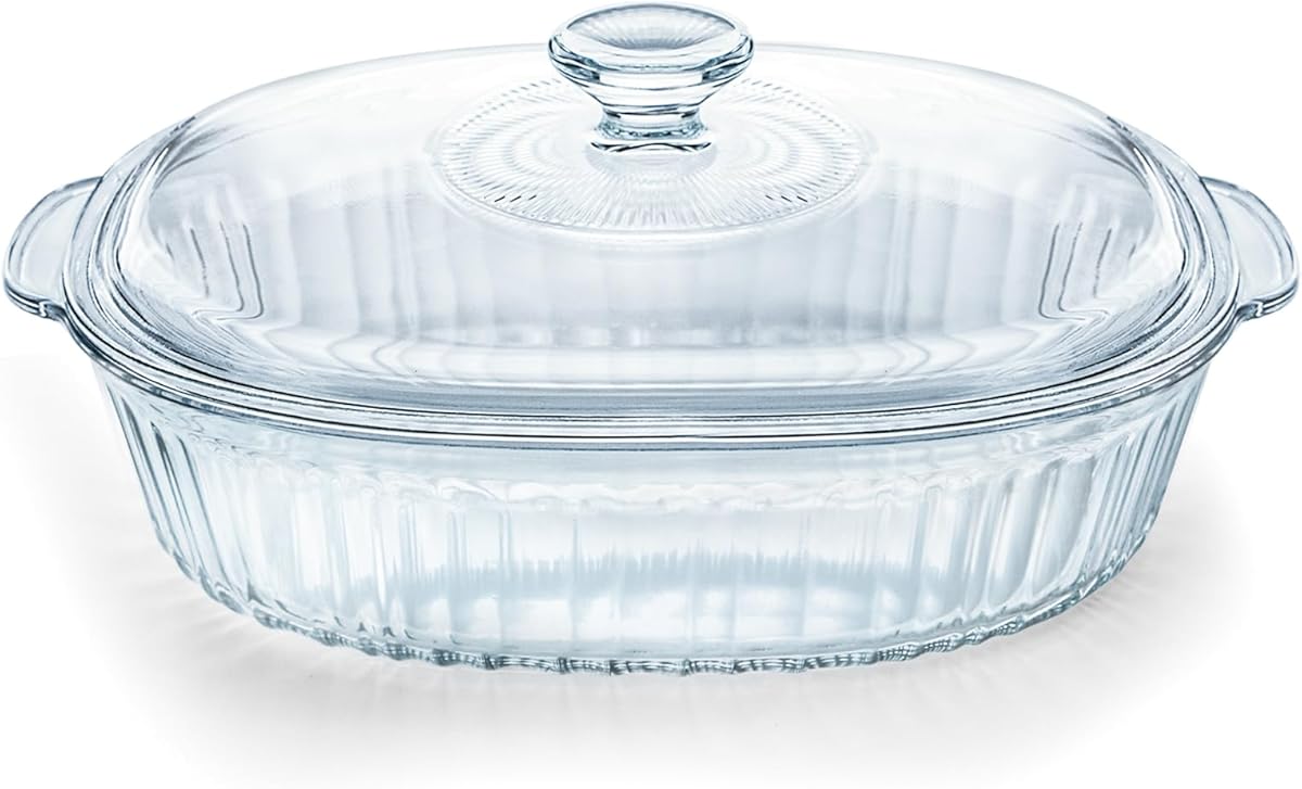Luvan 2.8L/3Qt Glass Casserole Dish with Lid, Ribbed Oval Glass Baking Dish for Oven & Microwave, Clear Lead-Free Covered Casserole Cookware, Versatile Deep Glasses Food Container for Baking, Cooking