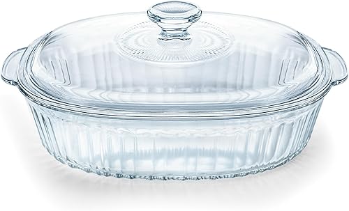 Luvan Cacerola de vidrio de 2.8L3Qt con tapa, plato de vidrio ovalado acanalado para horno y microondas, cazuela cubierta transparente sin plomo,