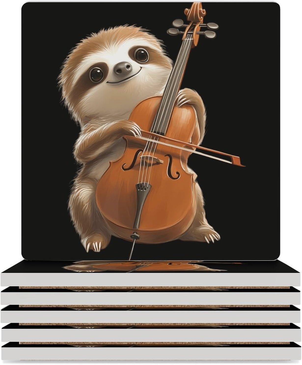 Sloth Cello Player Ceramic Coasters Square Drinks Coaster Coffee Table Decor Table Coaster for Home Bar
