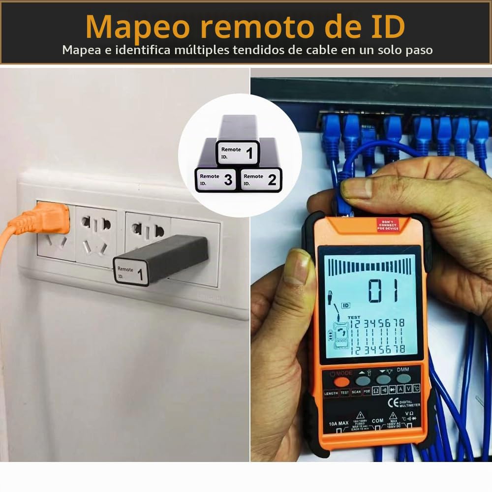 Probador de cables portátil, probador de red con pantalla LCD, cable de prueba POE de búsqueda digital analógica, longitud de cable de red ajustable, con abrazadera de emparejamiento de 3 ID