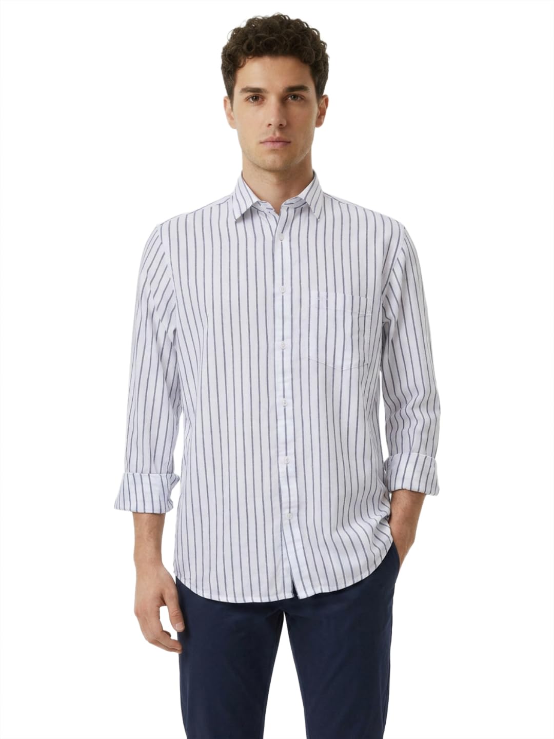 Men Regular Fit Stripe Pattern Pure Cotton Plain Collar Full Sleeve Casual Shirt-image-45