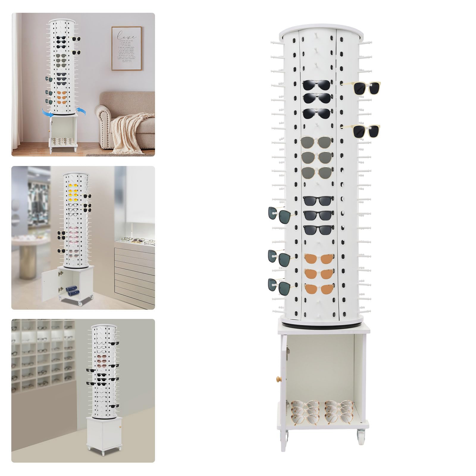 lizponaza Sunglass/Eyewears Display Stand, Floor-standing Eyeglass Holder with Storage Cabinet, 120-Pair Eyewear Holder 4 Swivel Wheels for 360°Rotating Retail Exhibition