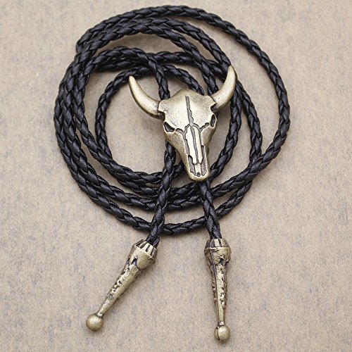 Rechicgu Vintage Gold Western Texas Longhorn Buffalo Steer Cow Skull Leather Rodeo Bolo Tie Necktie Necklace #TOP2