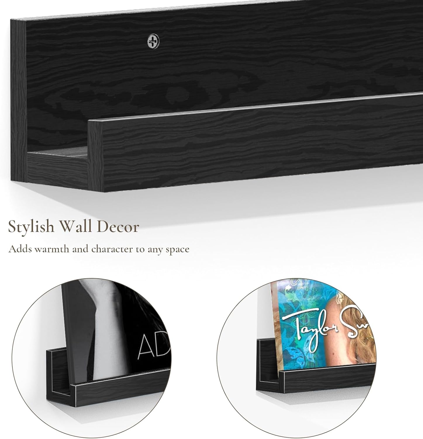 Vinyl Wall Mount, Set of 6 Wood Vinyl Record Holder Stand Wall Mount, 12 inches Wide Record Display Shelf, Floating Shelves for Music Decor, LP Storage, Books, Pictures, Black