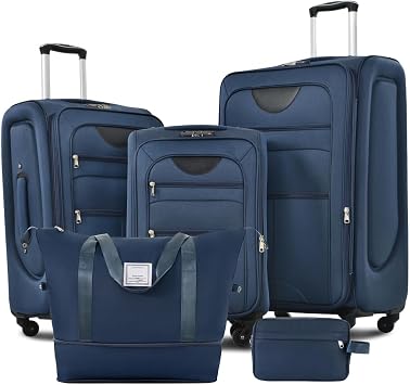Softside Luggage Expandable 3 Piece Set Suitcase with Duffel Bag Upright Spinner Softshell Lightweight Luggage Travel Set Dark Blue + Polyester