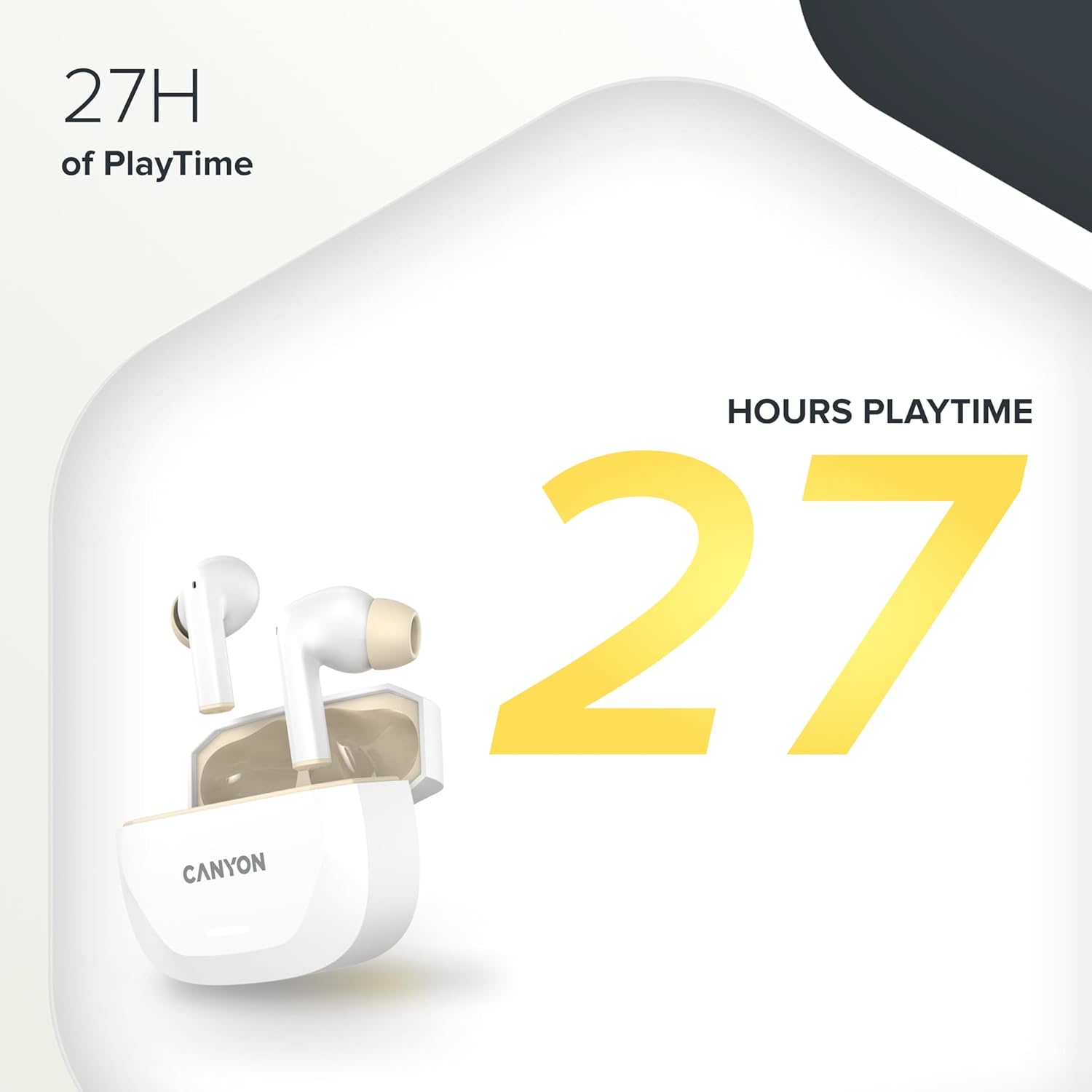 CANYON HEXAGON 7 earbuds in case with 27 hours playtime graphic