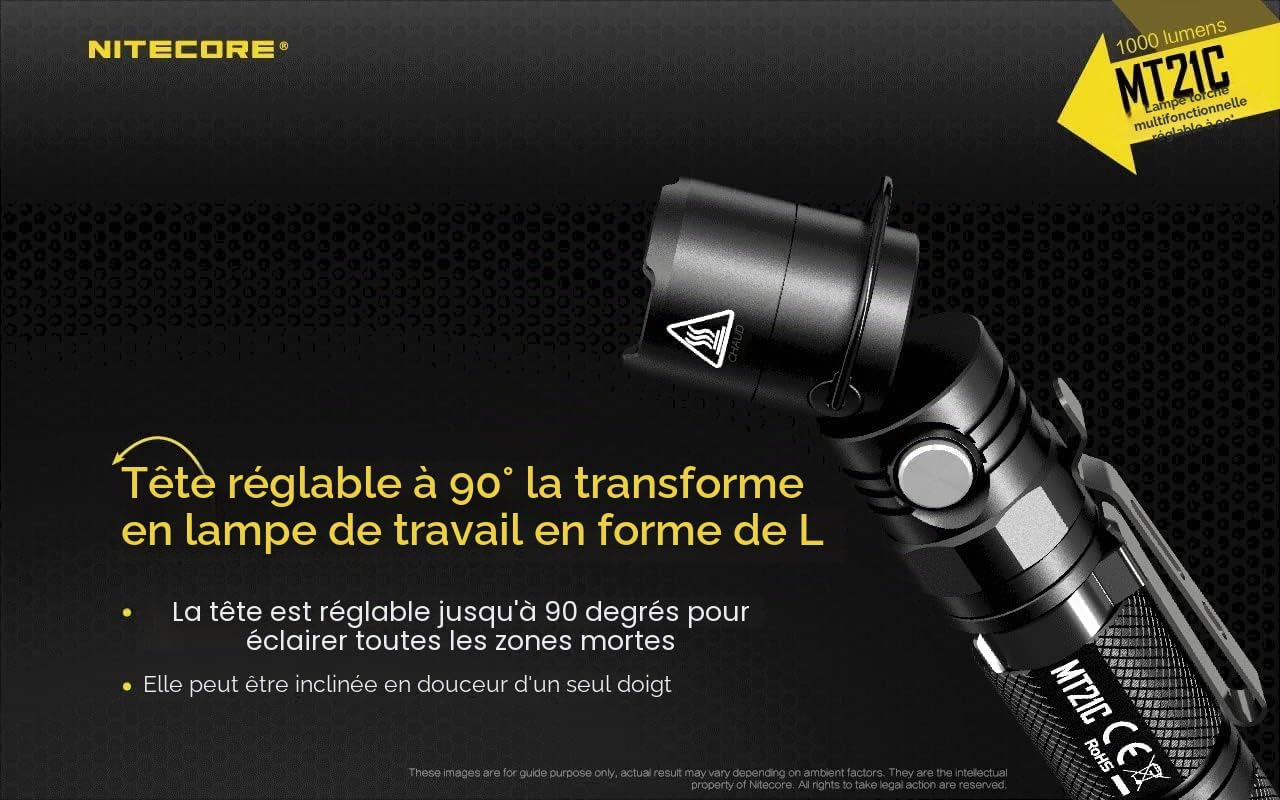 Nitecore Mt21 C 1000 LM Multifonctionnel à 90 degrés réglable Lampe de Poche, Noir