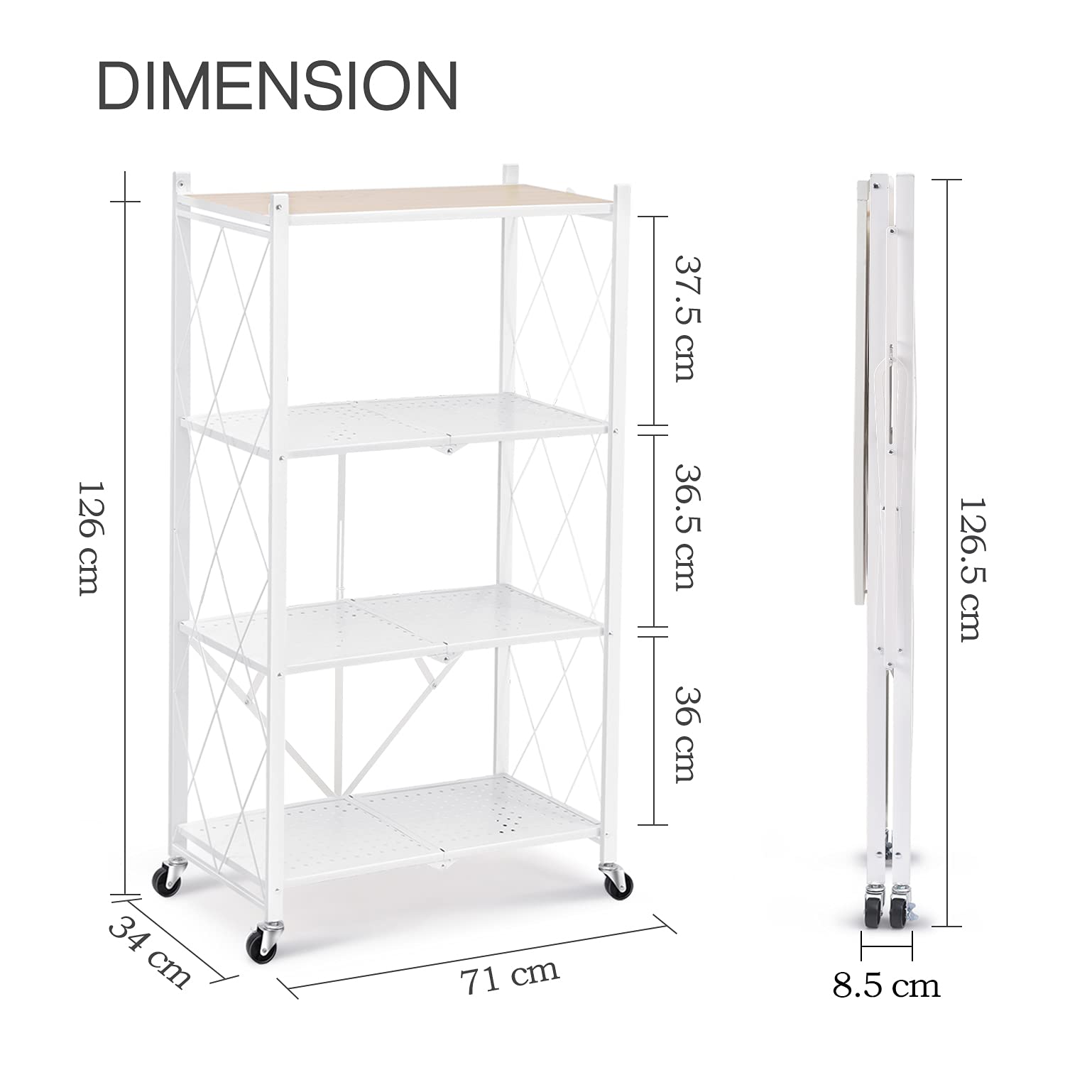 TOOLF 4Tier Foldable Shelving Unit, Freestanding Metal Storage Shelf with MDF Tabletop, No