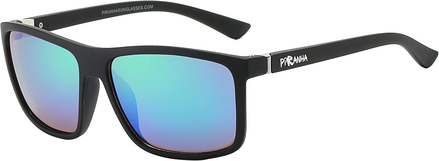 Piranha Reaction Classic Square Black Sunglasses with Blue Mirror Lens