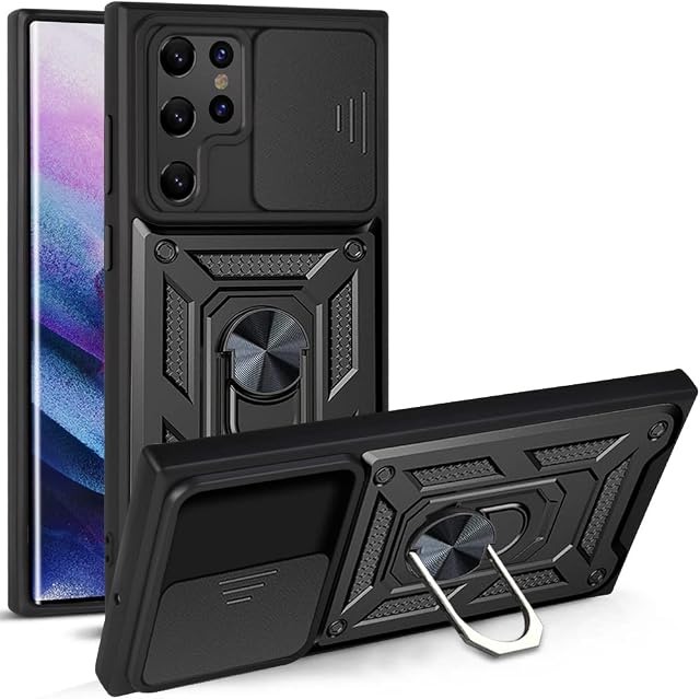 Galaxy S22 Case Movable Camera Protection Cover, Clysburtuony Mecha Soft TPU + PC with Phone Bracket for Samsung Galaxy S22 6.1 inch (Galaxy S22 Ultra 6.8 inch, Black)