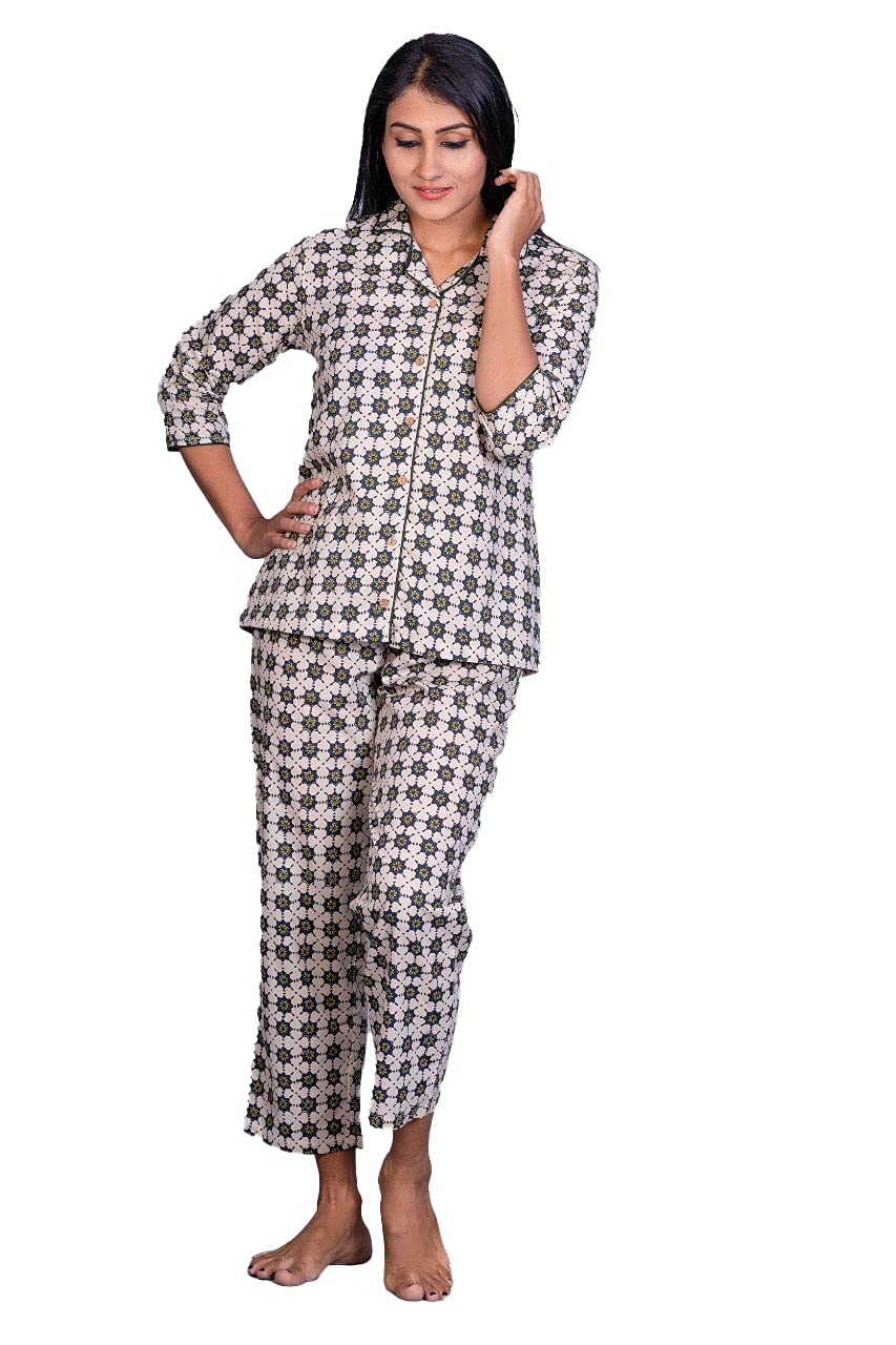 Pink Anura Women's Cotton Solid Green White Cotton Night Suits (Pack of 1)