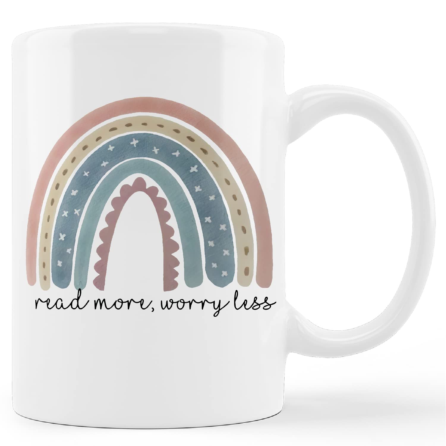 kunlisa Read More Worry Less Mugs Cup,Boho Rainbow Ceramic Mug-11oz Coffee Milk Tea Mug Cup,Reading Quote Mugs,Gifts for Students Teen Girls Boys Book Lovers Bookworm Book Nerd,Boho Lovers Gifts