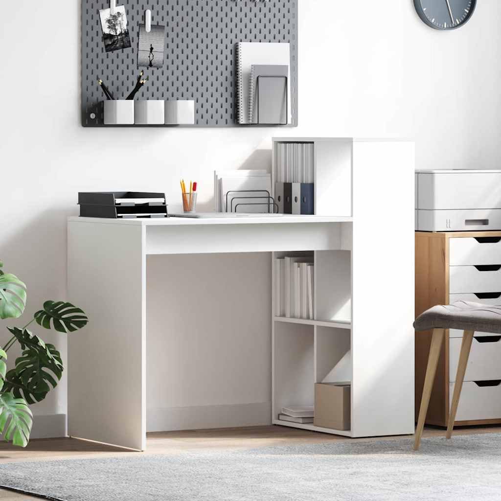 Biurko z regałem, białe, z materiału drewnopochodnego, 108 x 55 x 103,5 cm, stolik pod komputer, meble do gabinetu, biurko gamingowe, stół do jadalni, nowoczesne, funkcjonalne