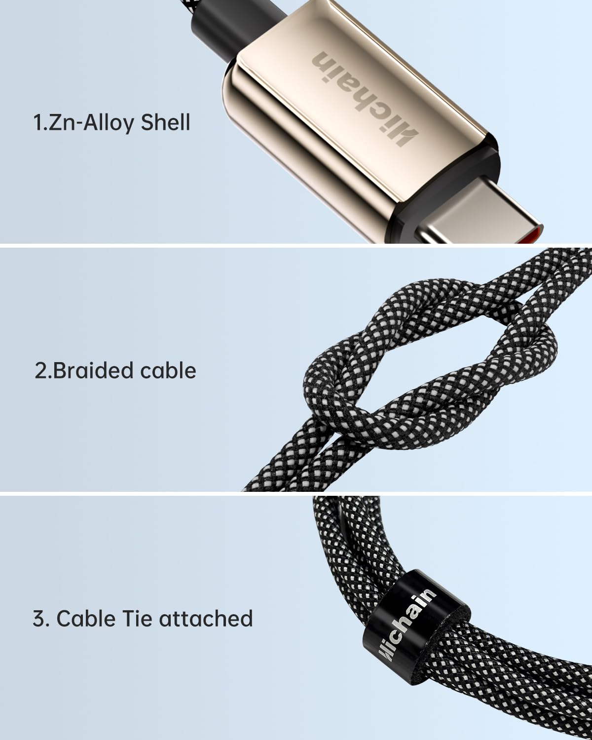 Hichain Cable USB C de carga rápida tipo C de 4 pies con pantalla LED, aleación de zinc plateado y nailon trenzado USB C a USB C para iPhone 17/16/15, MacBook, iPad Pro, Galaxy S24/S23
