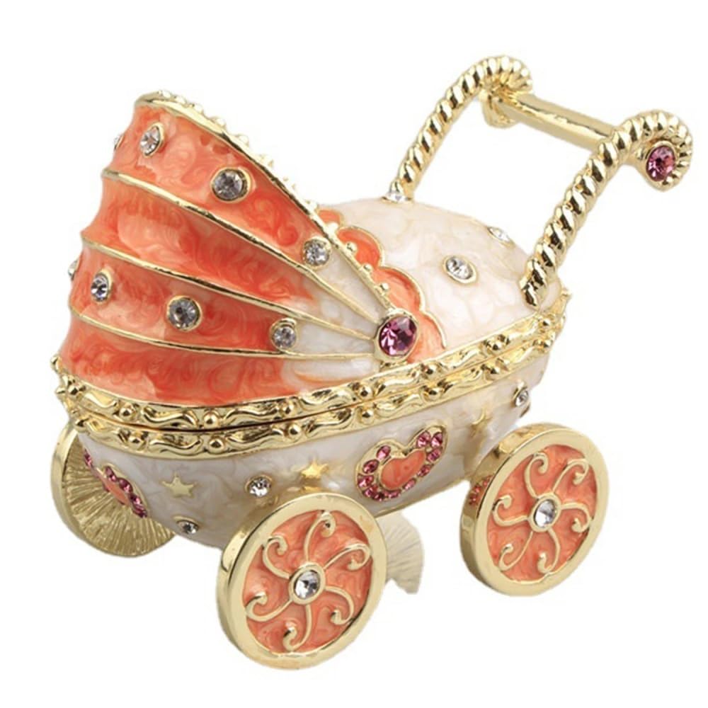 YOPI Handmade Enameled Baby Carriage Trinket Box – Stroller Jewelry Organizer For Rings, Earrings, Necklaces – Metal Craft Home Decor,