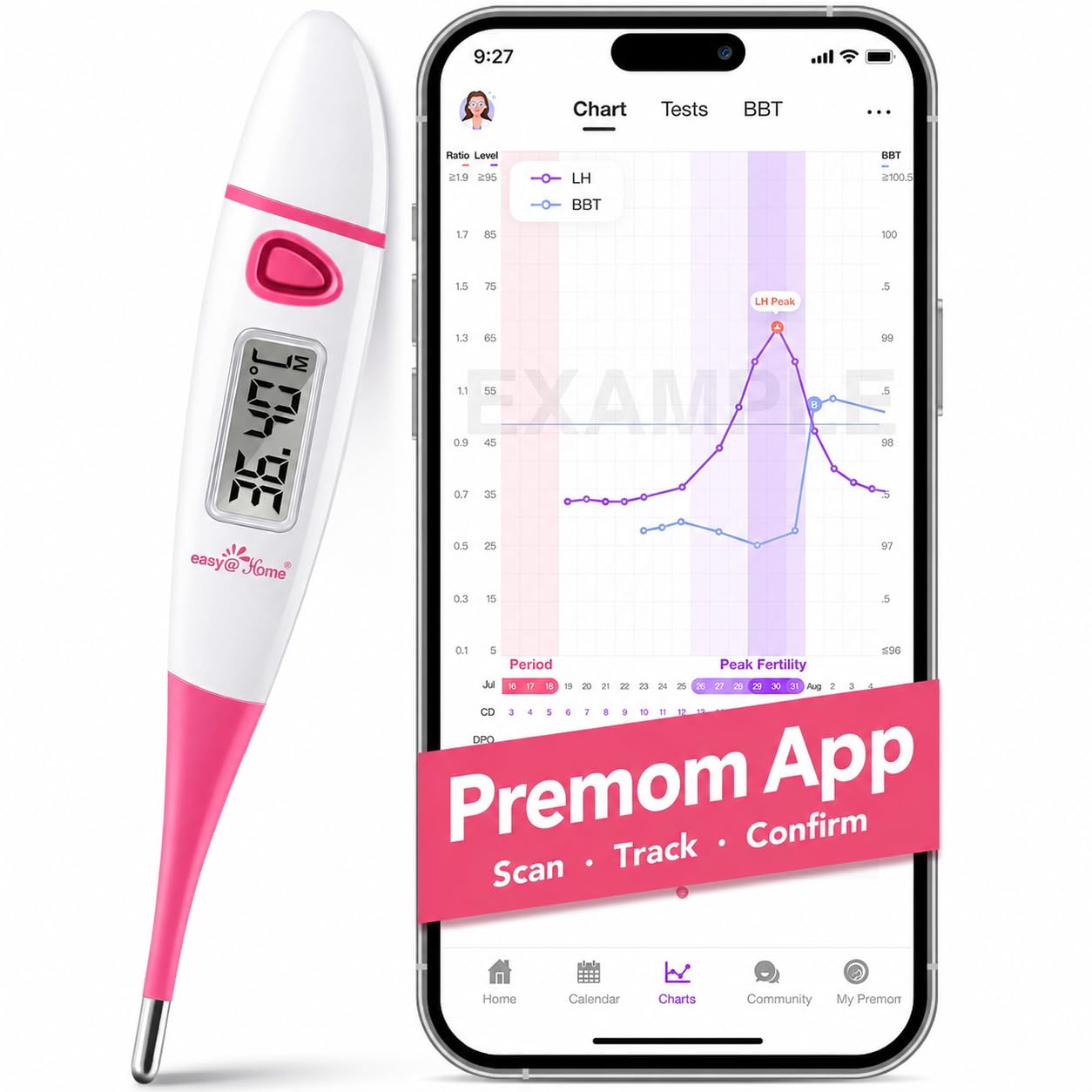 Ovulation Tracker Digital Basal Thermometer: Easy@Home BBT Thermometer for Fertility Tracking - Basal Body Thermometer for Accurate Temperature Monitoring with Premom App Pink DMT-3018